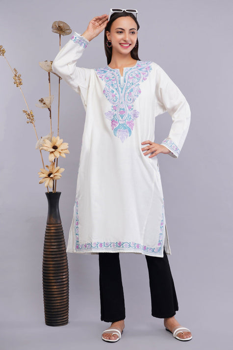 White Pheran with Light Lavender and Moonstone Blue Floral Aari Embroidery - Kashmiri Pheran