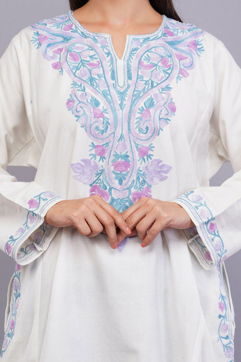 White Pheran with Light Lavender and Moonstone Blue Floral Aari Embroidery - Kashmiri Pheran